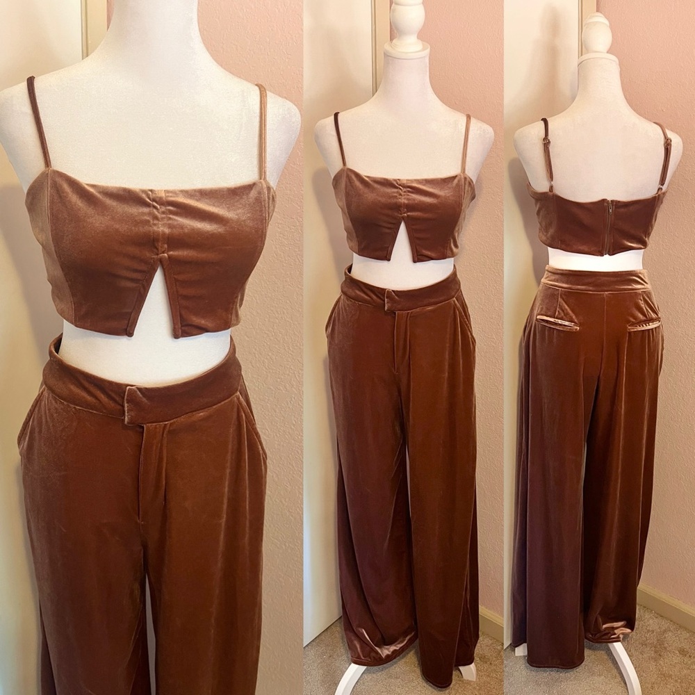 Caramel Velour Crop Top and High Waisted Pants Co-ord Set
